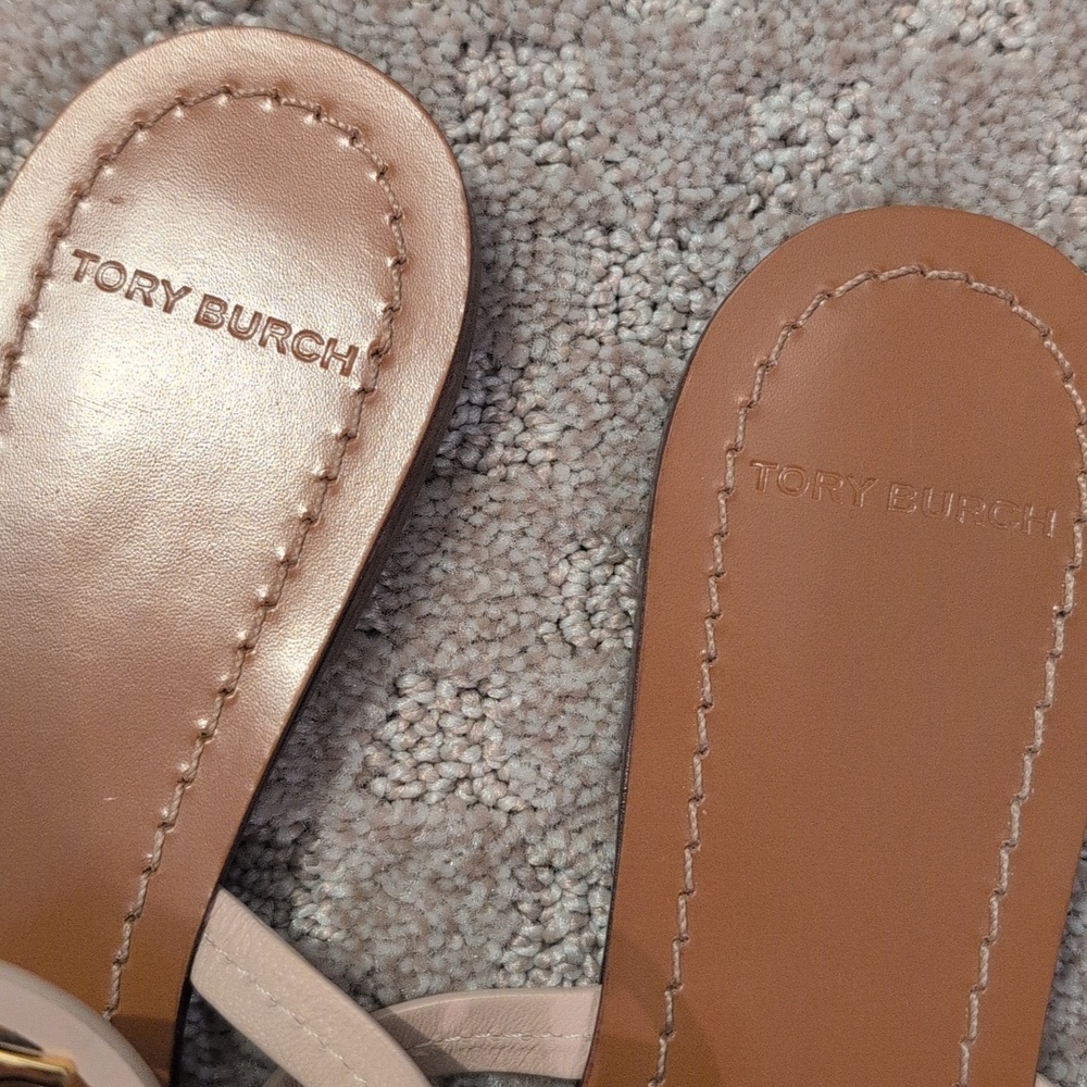 Tory Burch Square Toed Miller Sandal Leather Seashell Pink Gold Toned Logo 8 1/2 - Picture 2 of 10